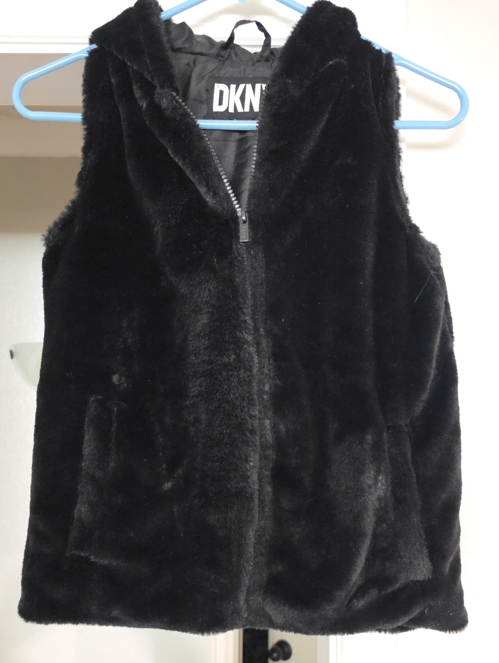 DKNY Black Faux Fur Hooded Vest for Kids - Plush Zip Front
